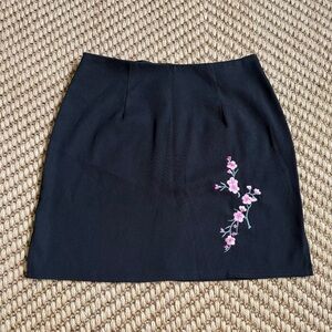 Jonathan Martin Vtg Black Mini Skirt Embroidered Pink Floral Cherry Blossom 2